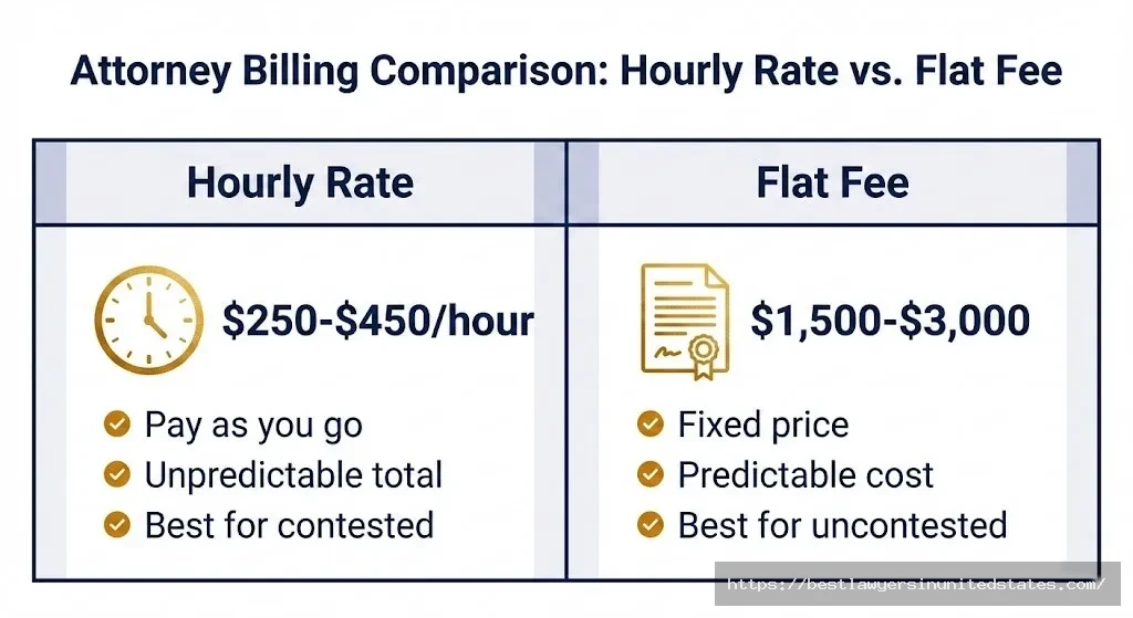 Comparison chart of Oregon divorce attorney fee structures showing hourly rates versus flat fee pricing options