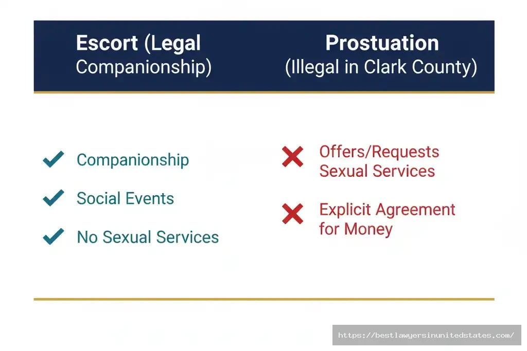 Comparison infographic clarifying legal escort companionship versus illegal prostitution in Clark County.