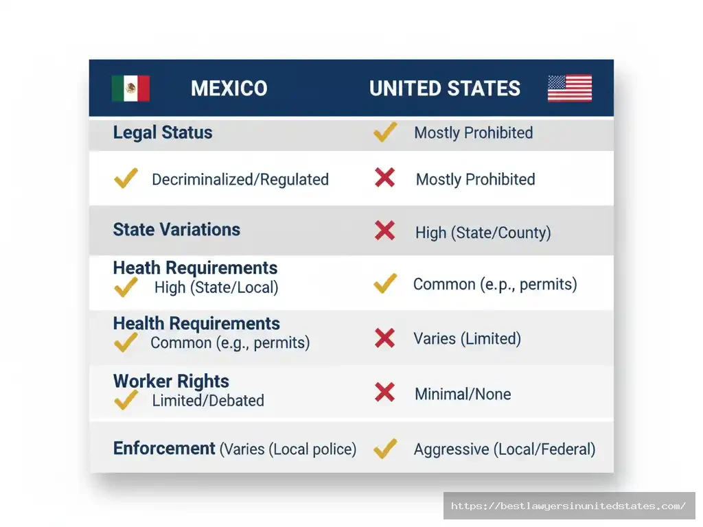 Comparison infographic showing prostitution law differences between Mexico and United States