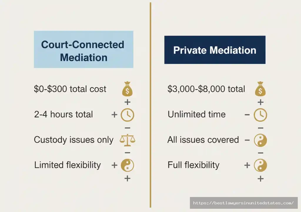 Comparison of court-connected mediation costing $0-$300 with limited time versus private mediation at $3,000-$8,000 with unlimited flexibility