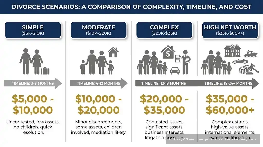 Comparison of four collaborative divorce cost scenarios from simple $5000 to high net worth $60000 plus cases