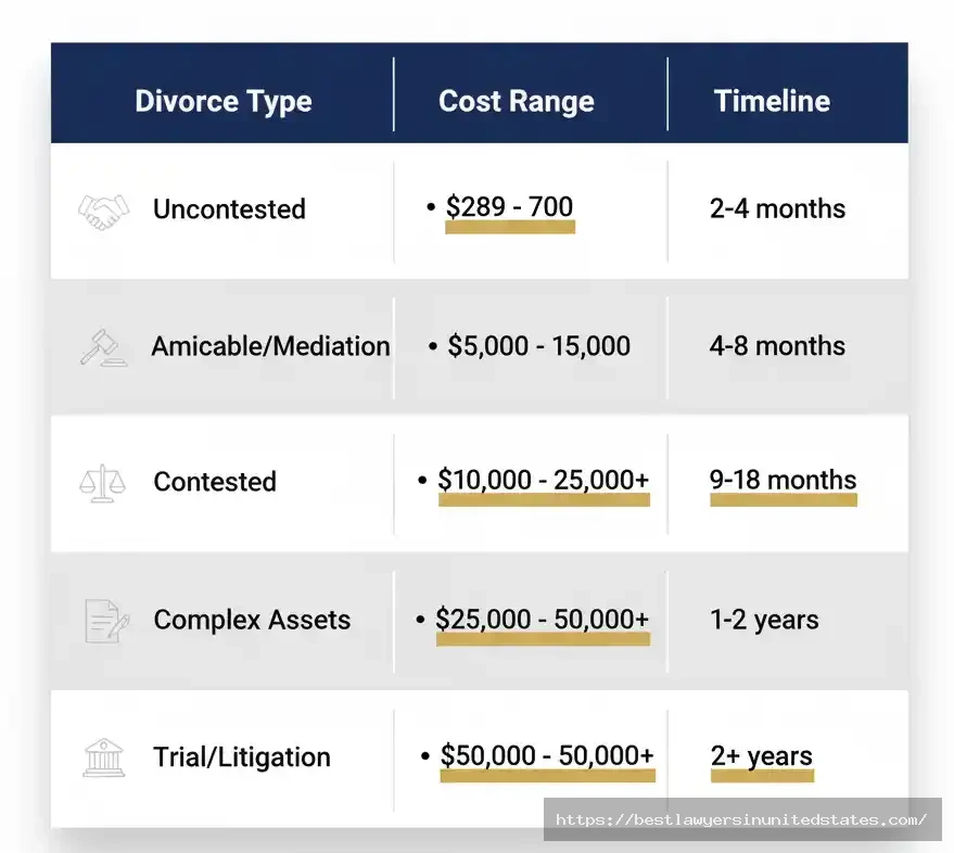 Comparison table of Illinois divorce costs by type DIY uncontested, attorney-assisted uncontested, mediated, contested, and high-conflict cases