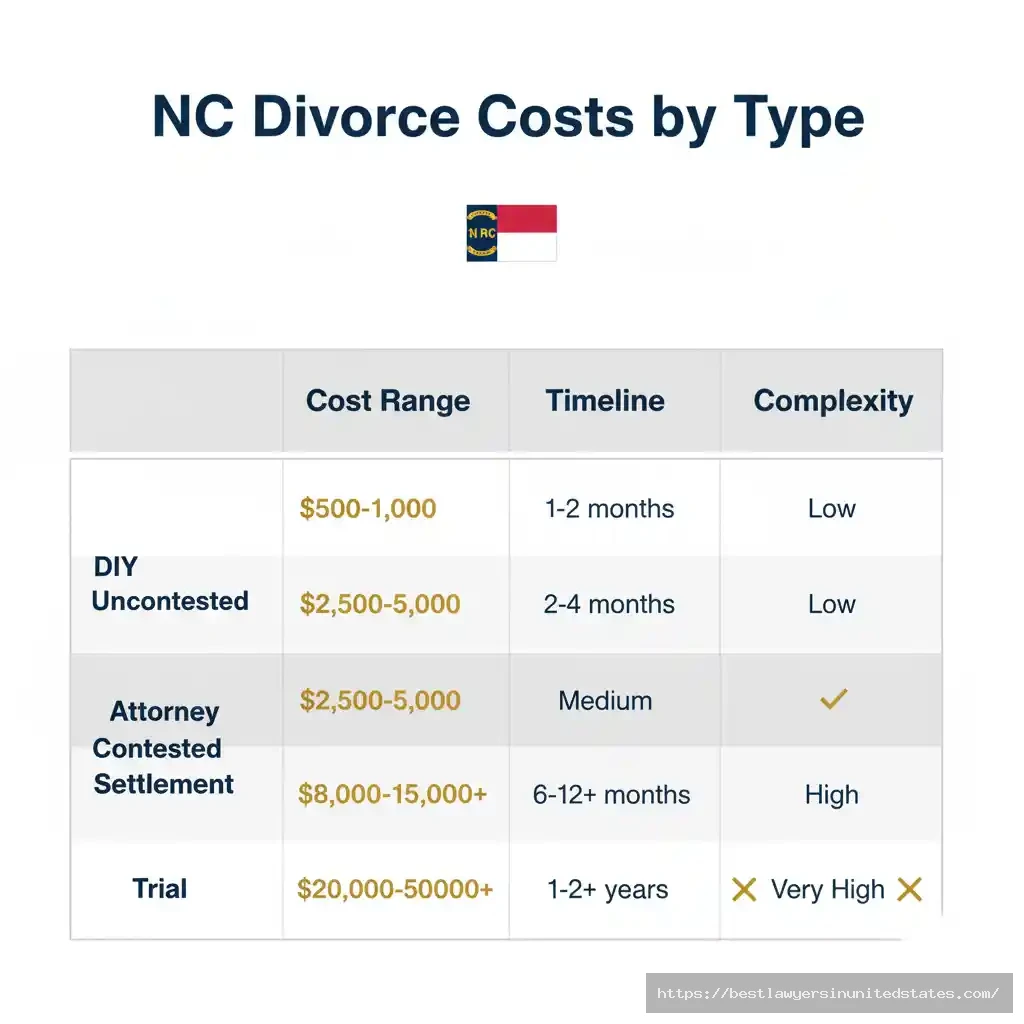 Comparison table of North Carolina divorce costs ranging from $300 DIY to $50,000+ trial with timeline and complexity levels