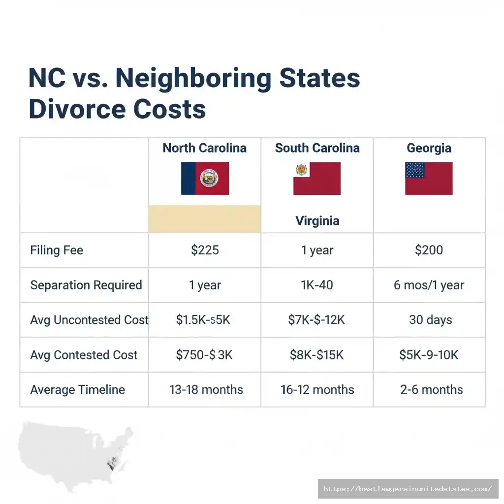 Comparison table of divorce costs across North Carolina, South Carolina, Virginia, and Georgia showing filing fees, separation requirements, and average costs