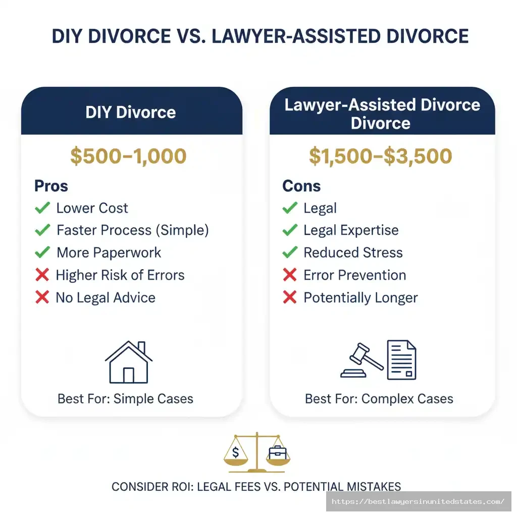 Comparison table showing costs, pros, and cons of DIY divorce versus hiring a lawyer for uncontested divorce