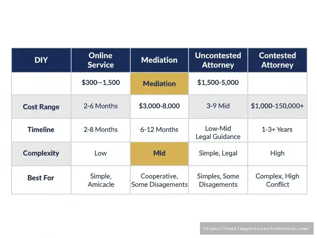 Comparison table showing costs, timelines and best-fit scenarios for 5 different divorce approaches