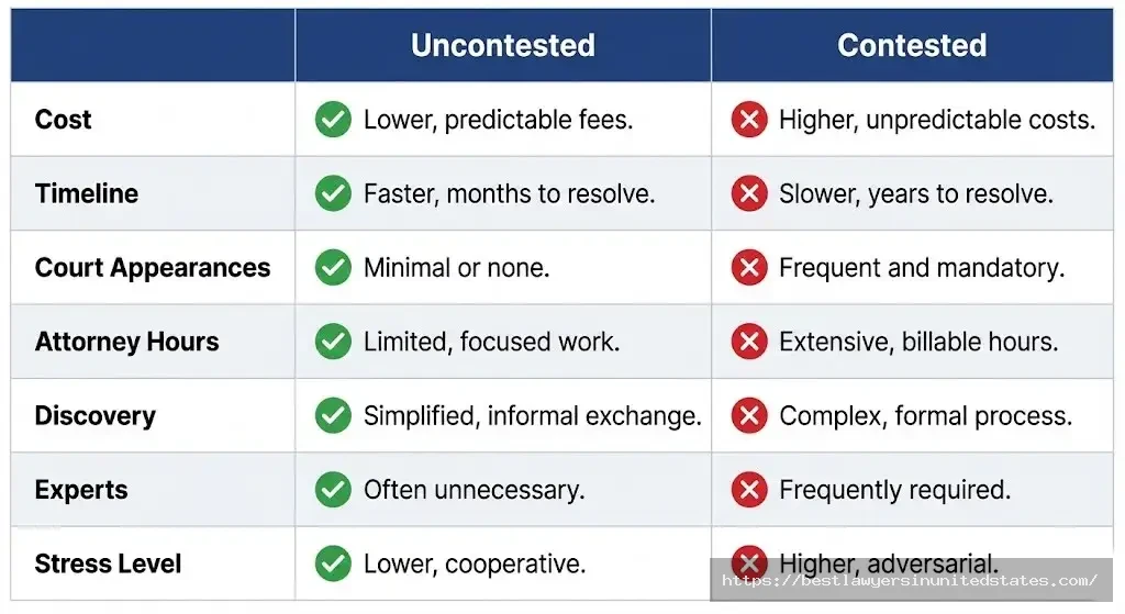 Comparison table showing uncontested divorce costs $1,500-$4,000 versus contested $25,000-$75,000 with timeline and complexity differences