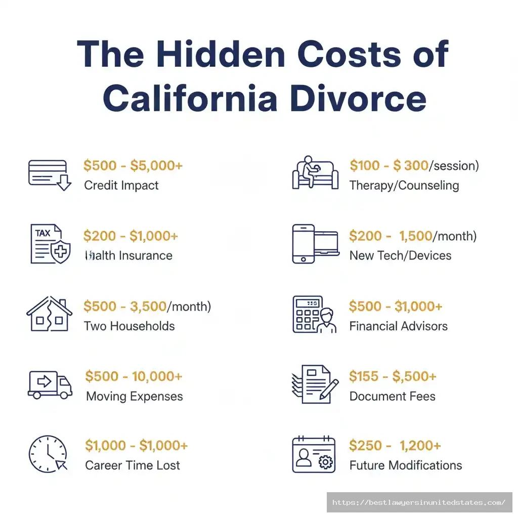 Comprehensive infographic showing 12 hidden divorce costs in California totaling $24,000-68,000 including credit impact, taxes, and health insurance