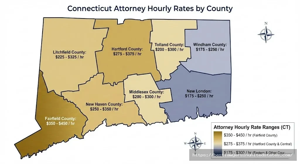 Connecticut divorce attorney hourly rates by county map showing Fairfield County highest at $350-450 per hour
