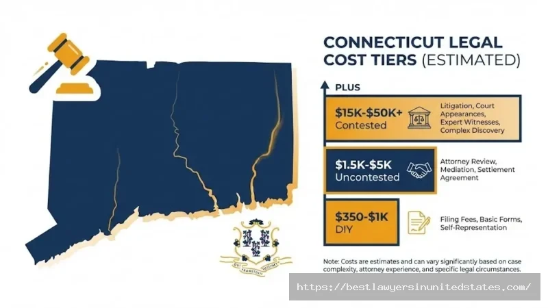 Connecticut divorce cost breakdown 2026 showing three price ranges from DIY to contested divorce