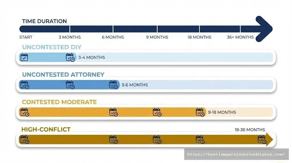 Connecticut divorce timeline showing duration from 3 months for uncontested to 36+ months for complex contested cases
