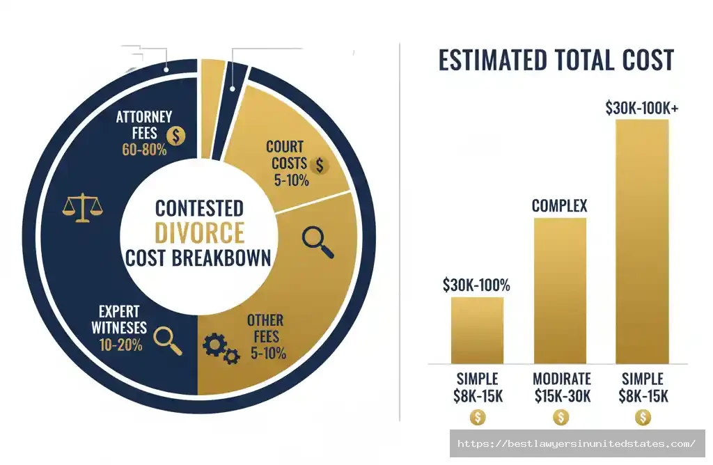 Contested divorce cost breakdown showing attorney fees, court costs, and total expenses by case complexity ranging from $8,000 to $100,000+