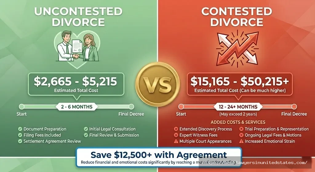 Contested versus uncontested divorce cost comparison in Maryland showing uncontested at $2,665-5,215