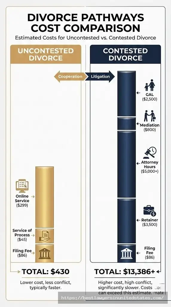 Cost breakdown comparison chart showing uncontested Virginia divorce at $430 versus contested divorce at $13,386 with itemized expenses