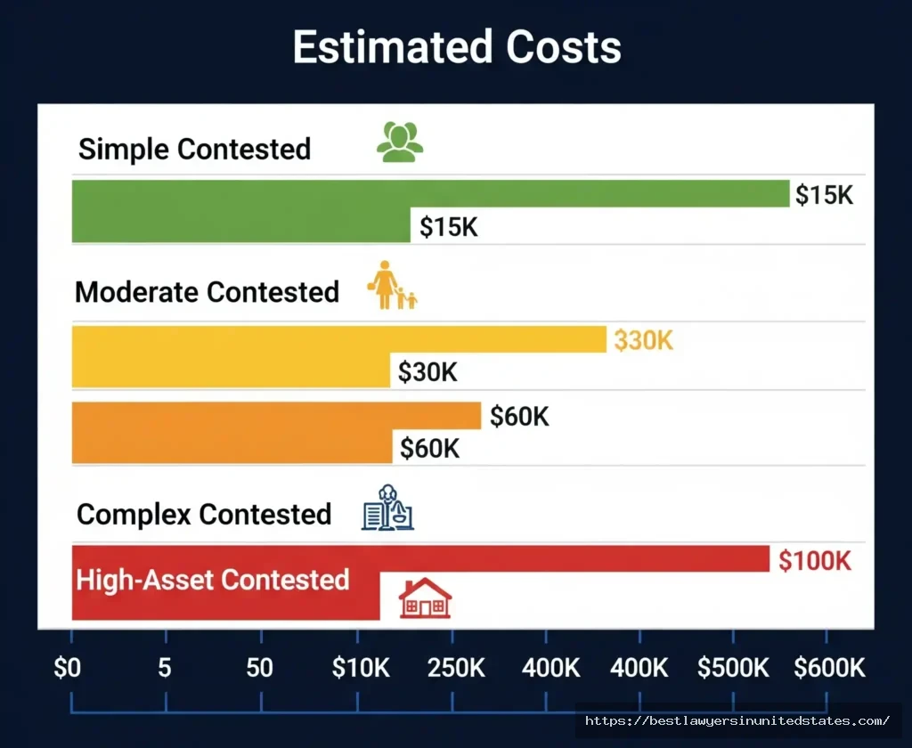 Cost comparison chart showing four contested divorce scenarios ranging from $8,000 simple cases to $100,000+ high-asset divorces