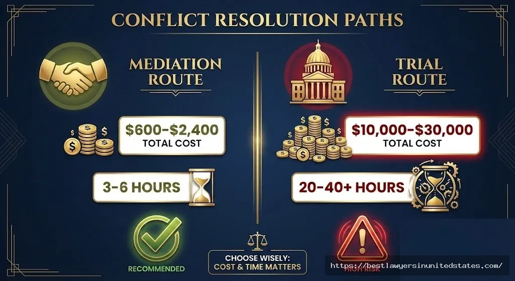 Cost comparison infographic showing mediation costs $600-$2,400 versus trial costs $10,000-$30,000 for Minnesota divorce cases
