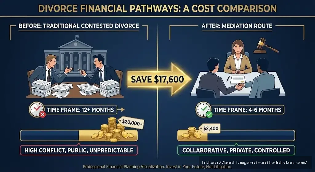 Cost comparison showing Virginia divorce mediation at $2,400 saves $17,600 versus traditional contested divorce at $20,000