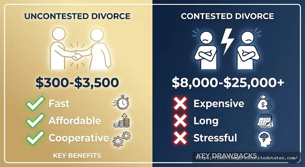 Cost comparison showing uncontested Oklahoma divorce at $300-$3,500 versus contested divorce at $8,000-$25,000 plus