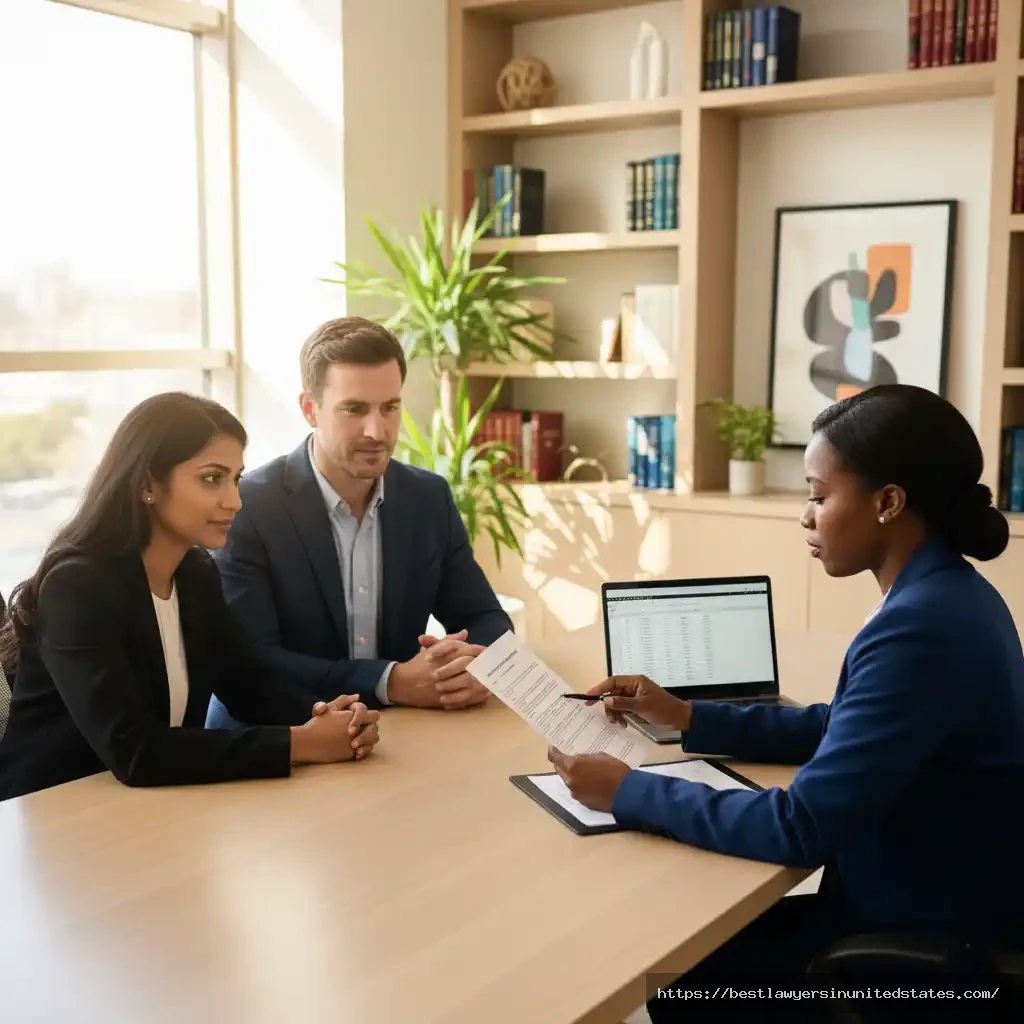 Couple consulting with divorce attorney about uncontested divorce costs and paperwork requirements