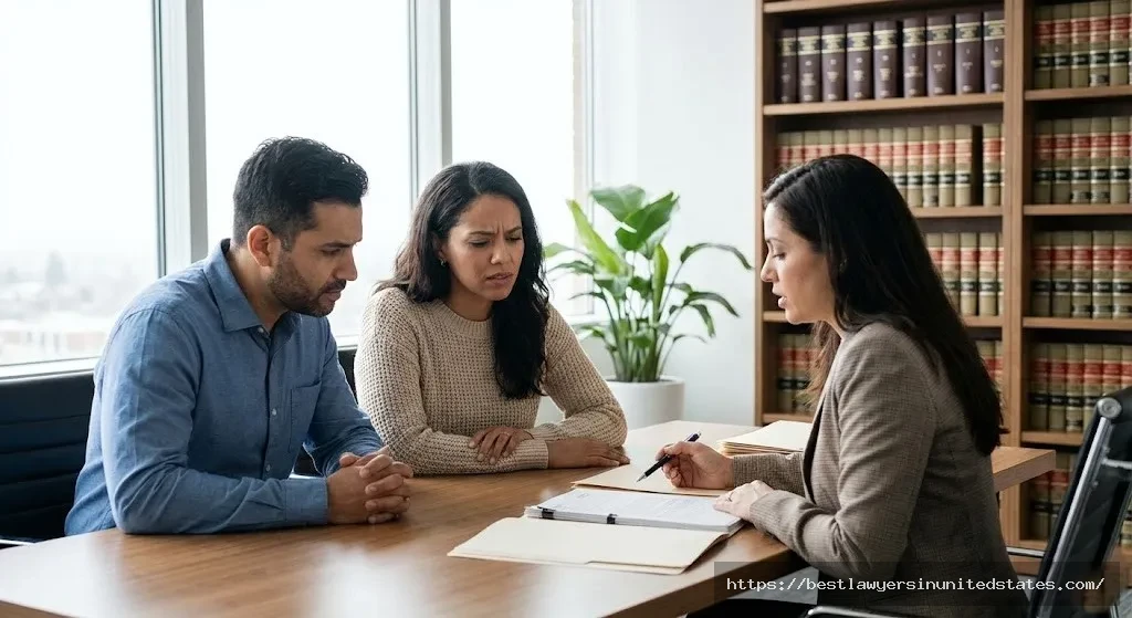 Couple meeting with Oregon divorce attorney to discuss costs and legal options in professional law office setting