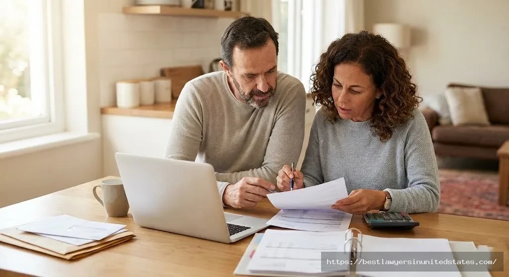 Couple reviewing divorce costs and financial documents together at home