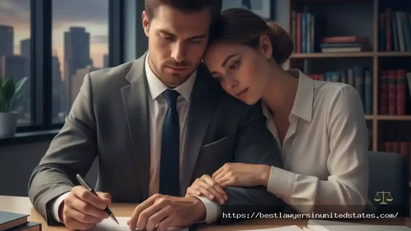 Couple reviewing divorce documents at a law office — divorce cost calculator hero image