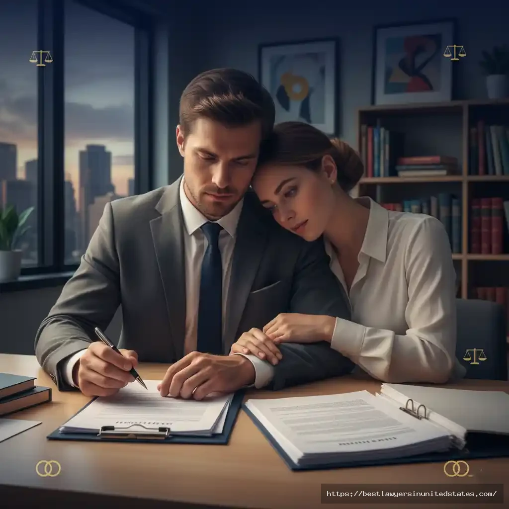 Couple reviewing divorce documents at a law office — divorce cost calculator hero image