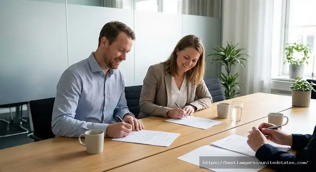 Couple signing uncontested divorce agreement cooperatively in Washington State mediation session