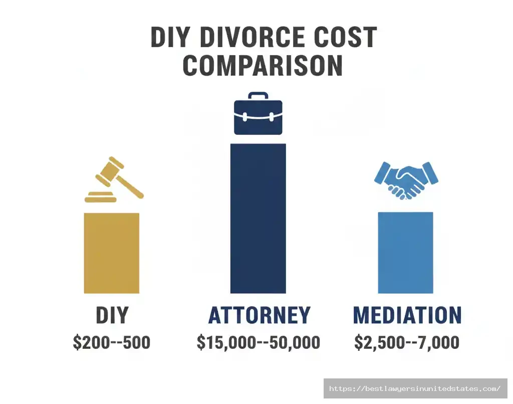 DIY divorce cost comparison infographic showing $200-$500 DIY costs vs $15,000+ attorney fees and $2,500-$7,000 mediation costs