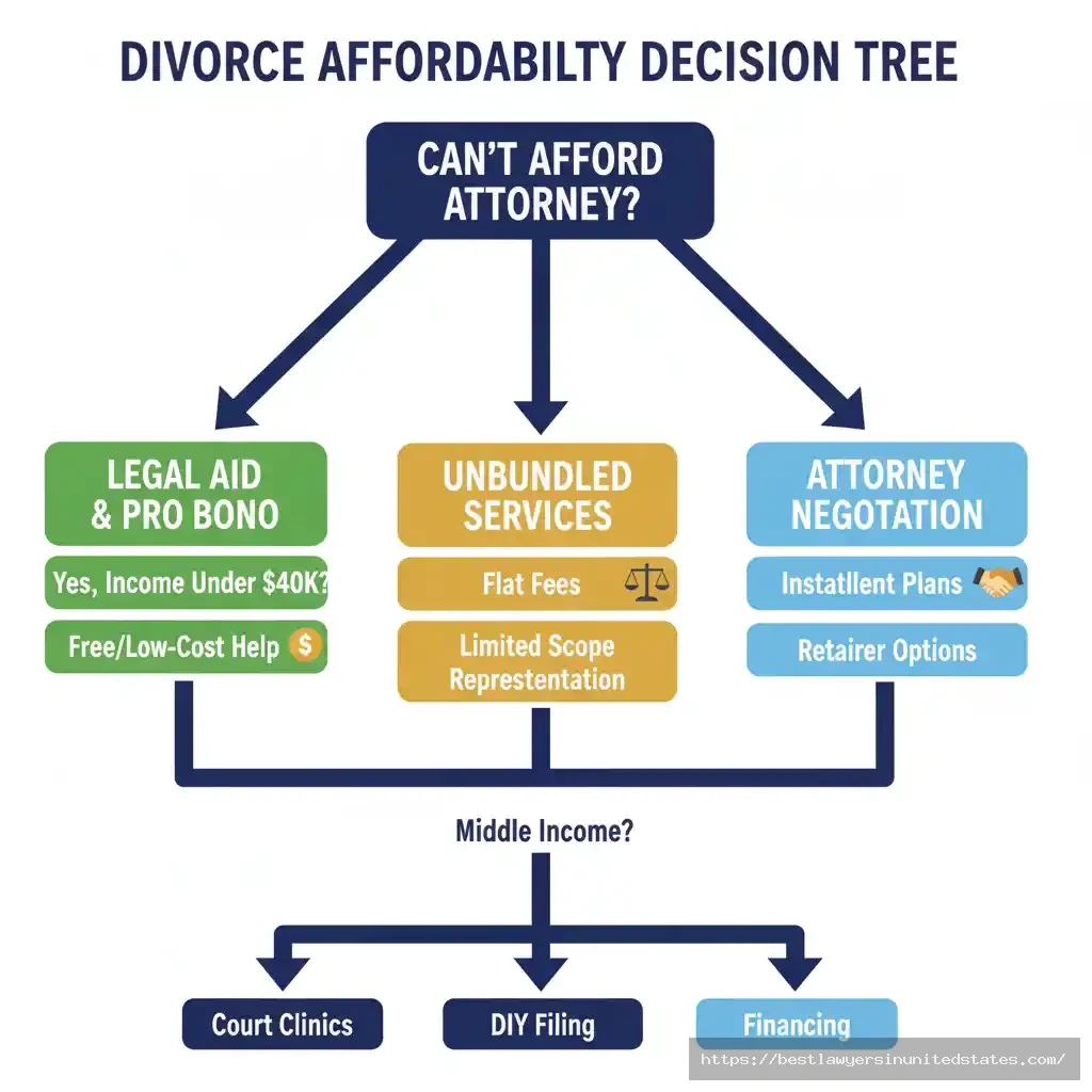 Decision flowchart showing affordability options for contested divorce including legal aid, unbundled services, and payment plans