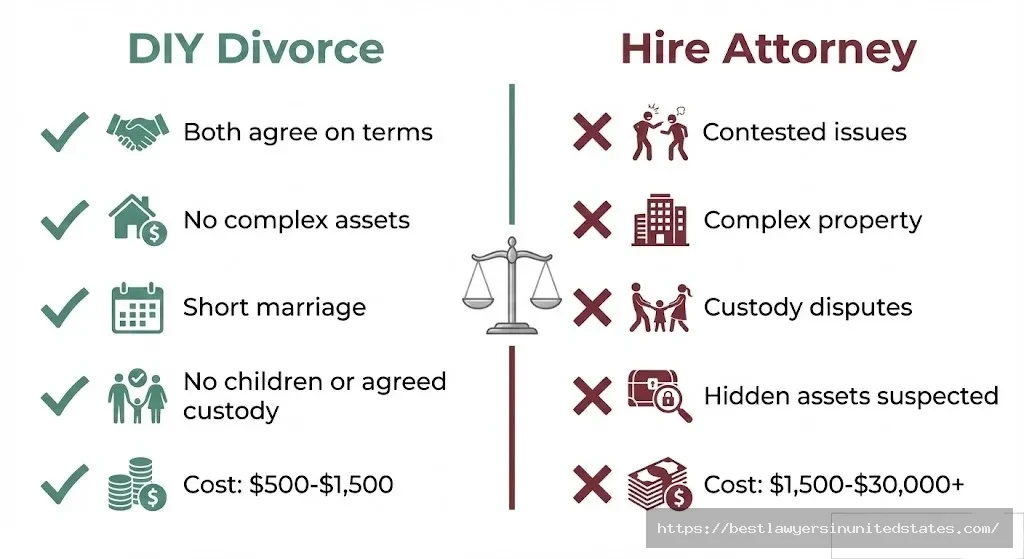 Decision matrix comparing when to DIY divorce versus hiring an attorney in Kentucky with cost implications