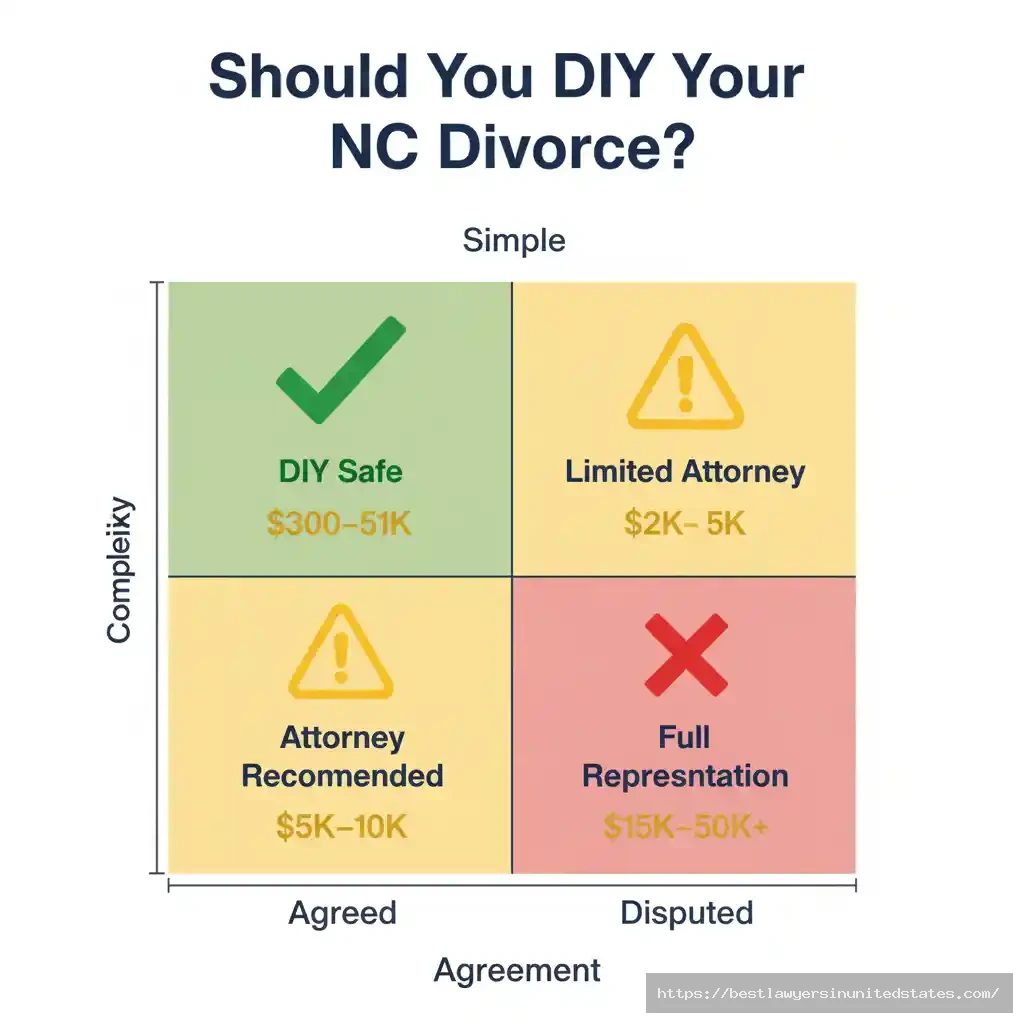 Decision matrix helping North Carolina residents determine if DIY divorce is safe or if attorney is needed based on complexity and agreement level