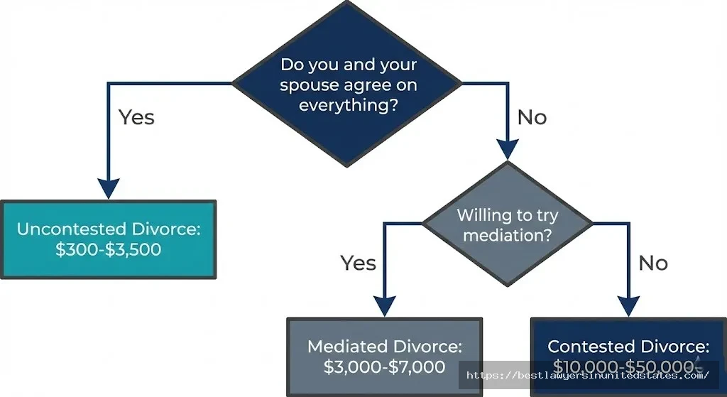 Decision tree flowchart helping determine Tennessee divorce type and expected costs from $300 uncontested to $50,000+ contested