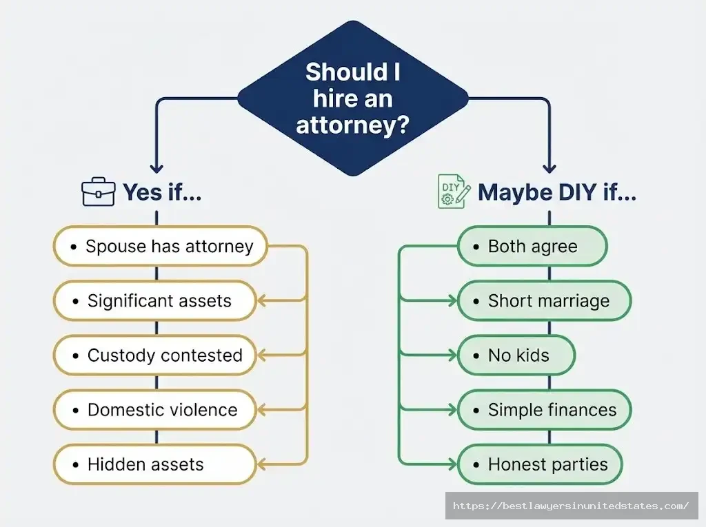 Decision tree flowchart helping determine when to hire a divorce attorney in Arizona versus handling divorce yourself