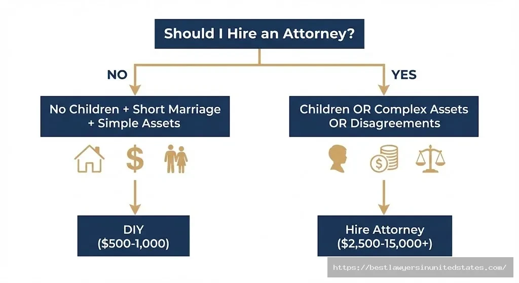 Decision tree flowchart helping determine whether to hire a divorce attorney or represent yourself in Indiana
