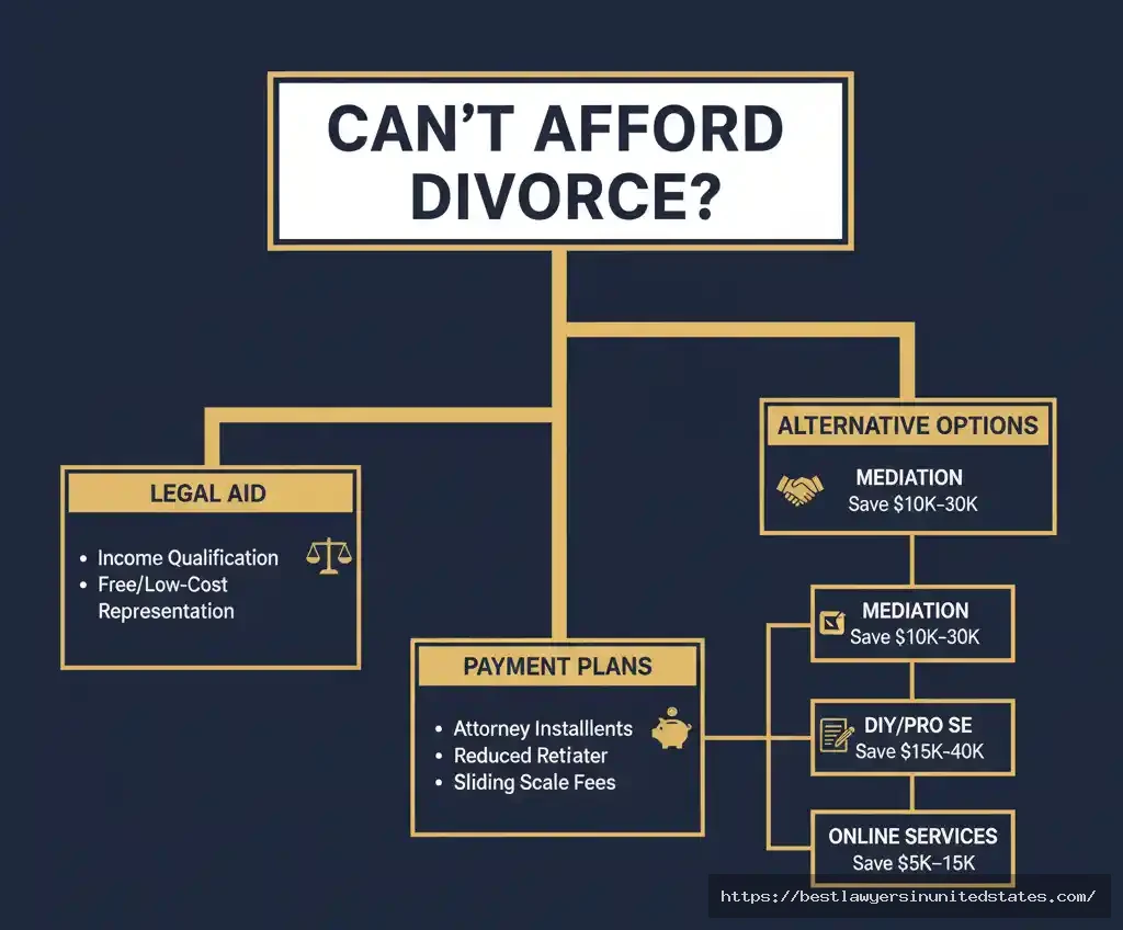 Decision tree guide for finding affordable divorce options in Pennsylvania including legal aid, payment plans, and alternatives