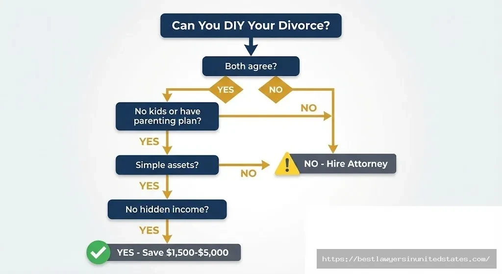 Decision tree helping Alabama residents determine if DIY divorce is appropriate based on agreement level, children, assets, and complexity saving $1500-5000