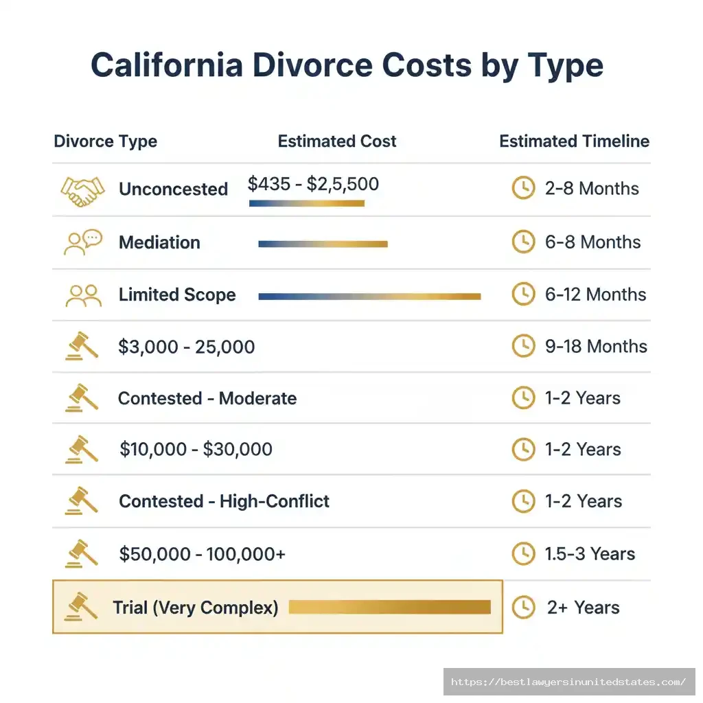 Detailed cost comparison table showing California divorce types from $435 summary dissolution to $50,000+ contested litigation with timelines