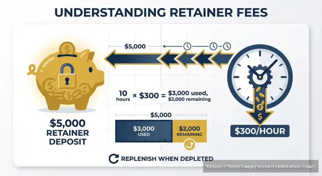 Diagram explaining how divorce attorney retainer fees work with hourly billing from initial deposit