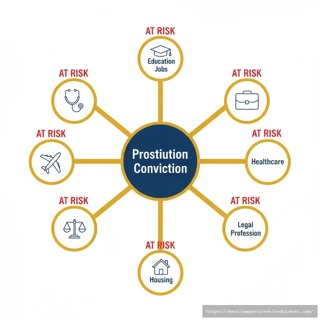 Diagram showing collateral consequences of prostitution conviction on professional licenses, immigration, and employment