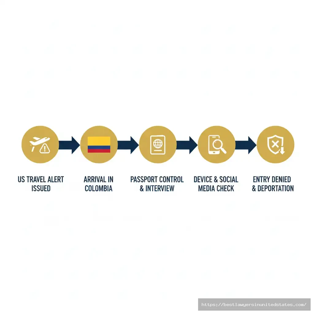 Diagram showing how Angel Watch notifications can lead to Colombian airport screening and deportation.