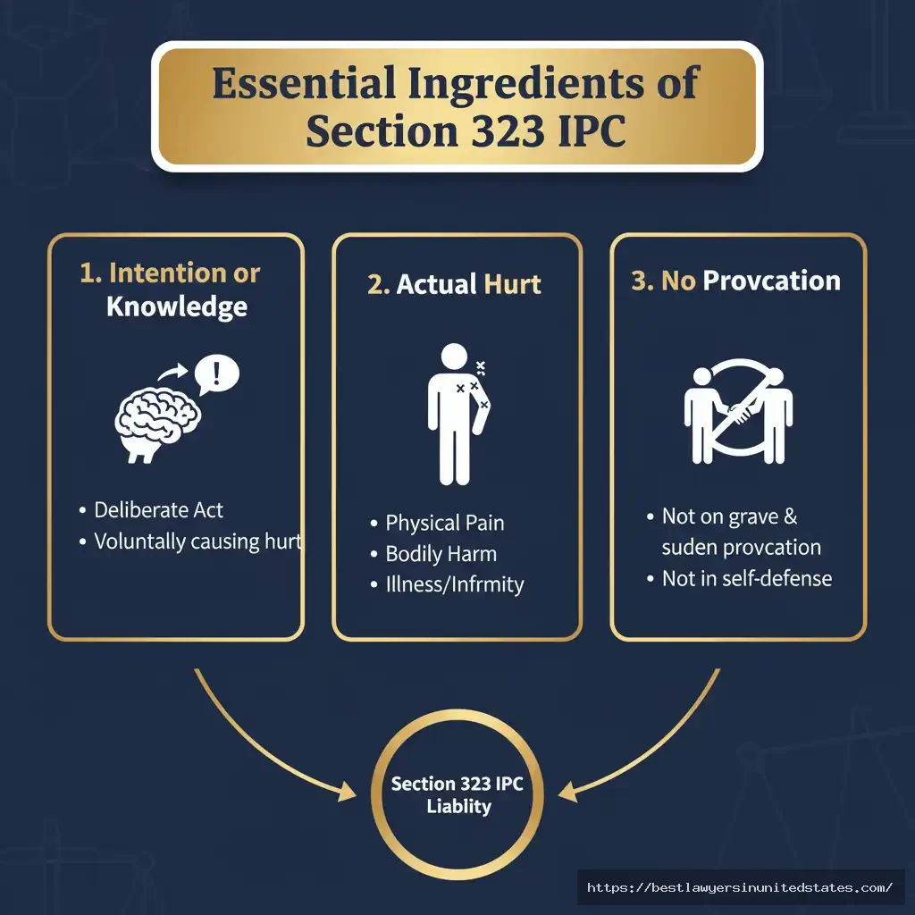 Diagram showing key ingredients required to prove offense under Section 323 IPC.