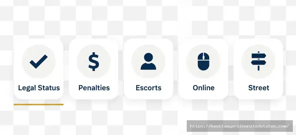 Row of simple icons labeling key FAQ topics about Canadian prostitution laws.