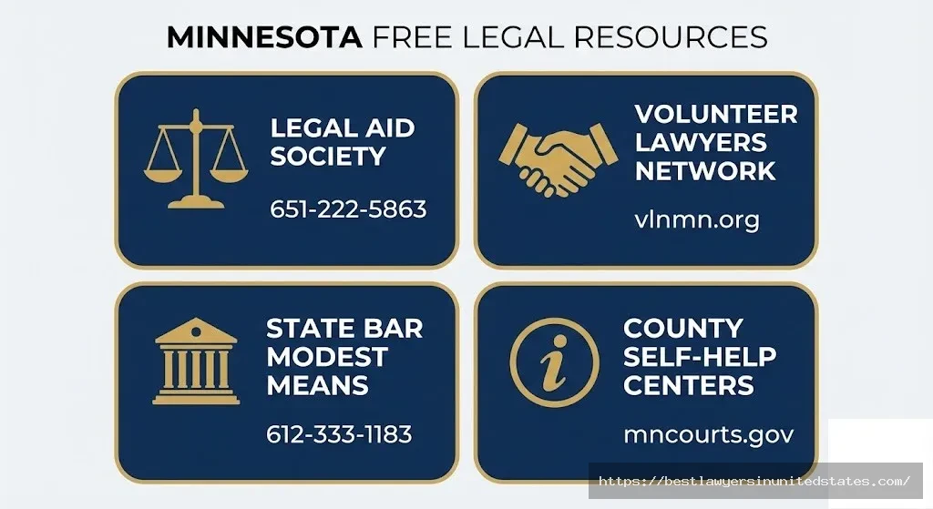 Directory infographic of free Minnesota divorce legal resources including Legal Aid Society, Volunteer Lawyers Network