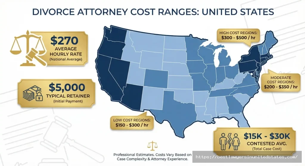 Divorce attorney fees map showing average hourly rates by US region ranging from $150 to $500 per hour with state-by-state cost breakdown