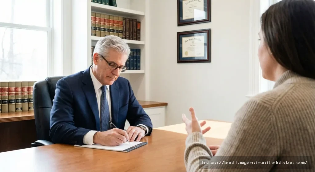 Divorce attorney meeting with client in New Jersey law office during initial consultation