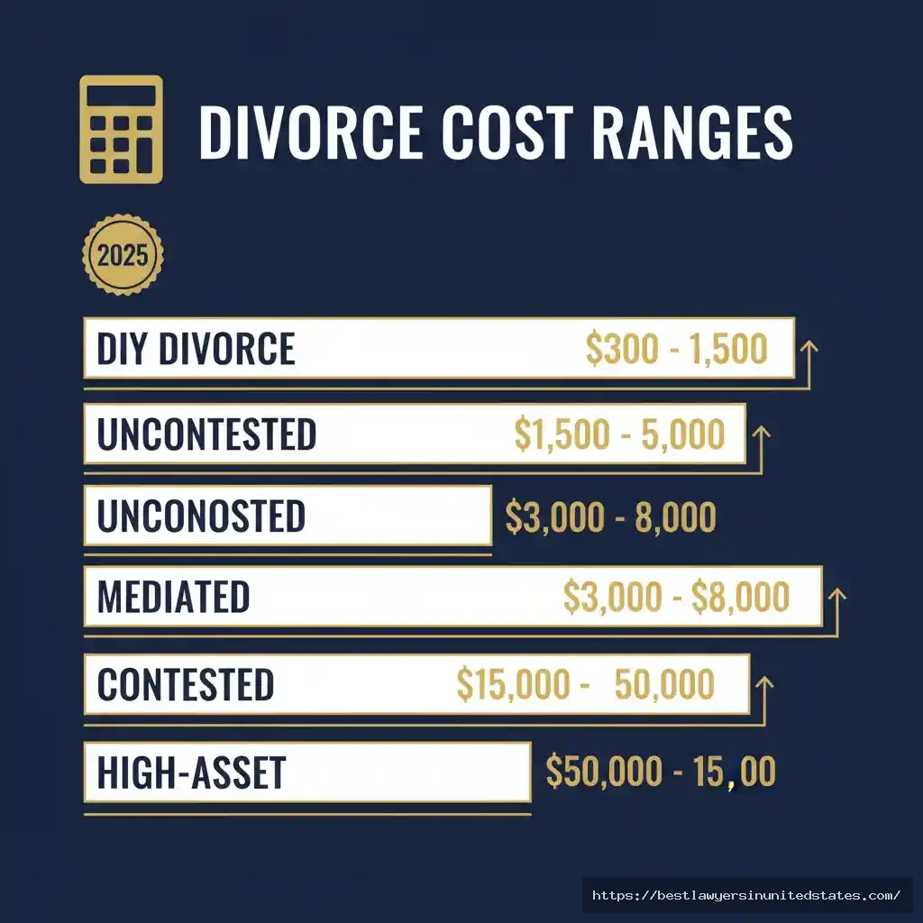 Divorce cost comparison chart 2025 showing DIY, uncontested, mediated, contested and high-asset divorce price ranges