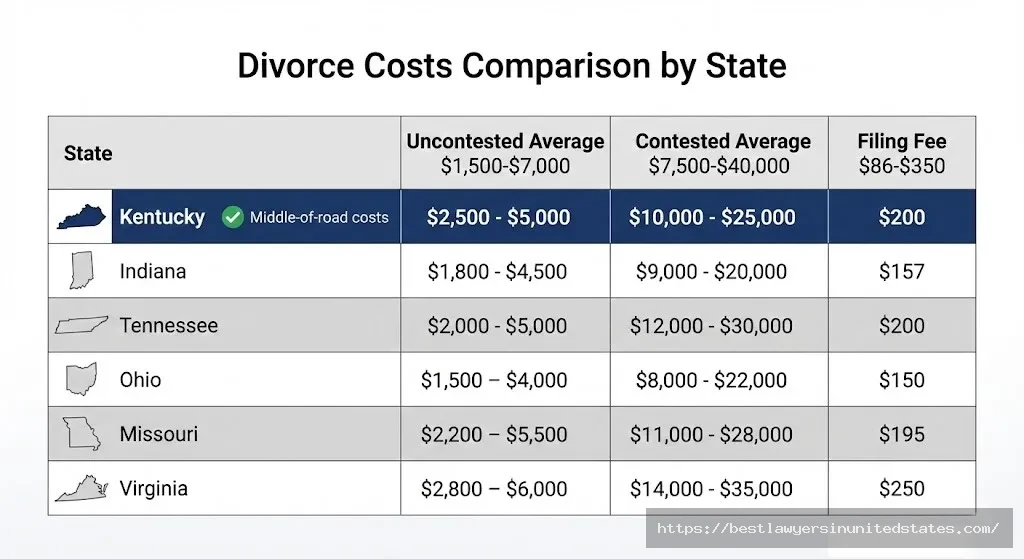 Divorce cost comparison table showing Kentucky versus neighboring states including Indiana, Tennessee, Ohio, Missouri, and Virginia