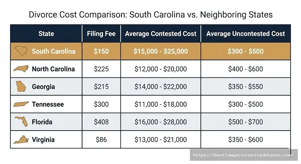 Divorce cost comparison table showing South Carolina versus neighboring states North Carolina Georgia Tennessee Florida Virginia filing fees