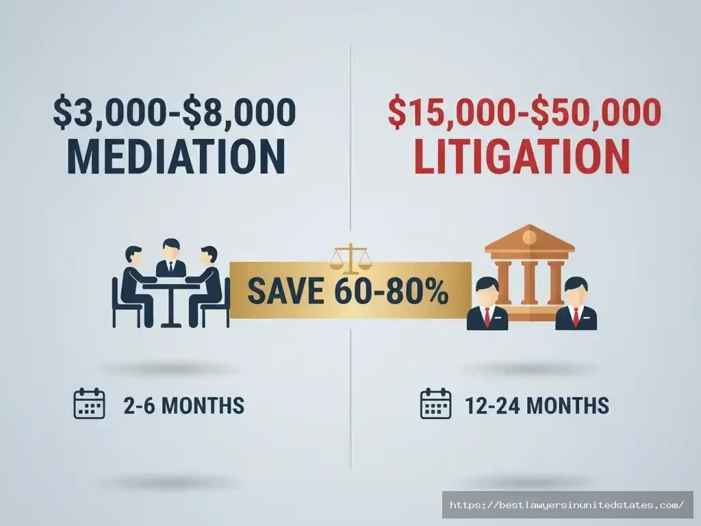 Divorce mediation cost comparison showing $3,000-$8,000 for mediation versus $15,000-$50,000 for litigation with 60-80% savings